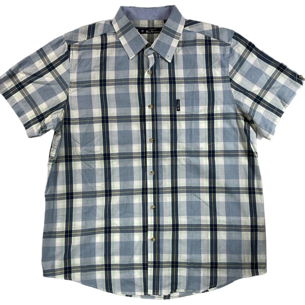 Ben Sherman Mens Blue Plaid Button Down Short Sleeve Shirt Size XL